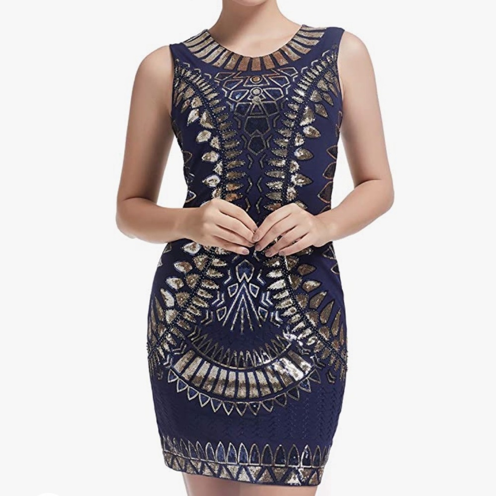 Unique, exquisite beads & sequins embellished 1920's style flapper dress. Sz. XL